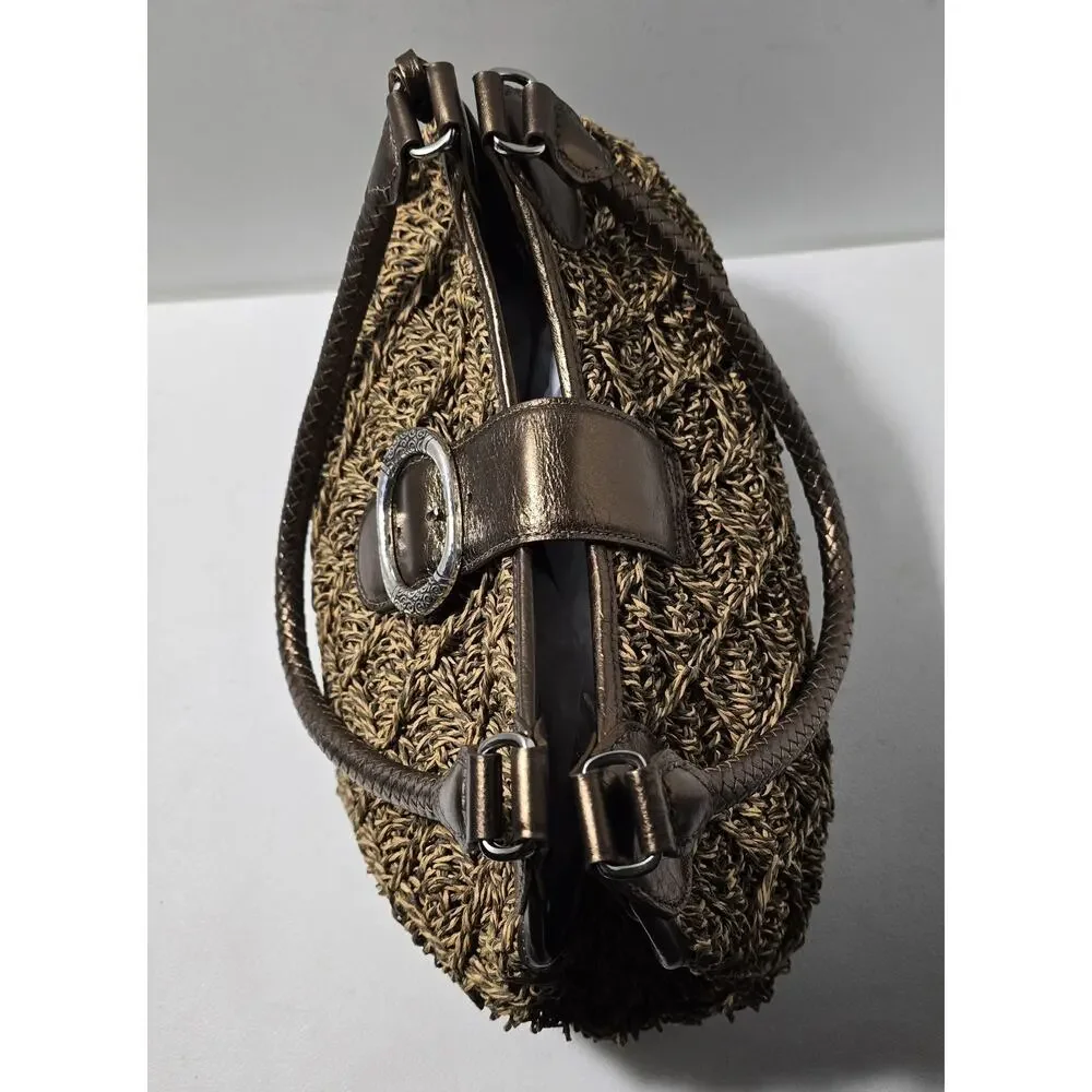 BRIGHTON VINTAGE Woven Straw Shoulder Hobo Bag Bronze Leather Trim Charm